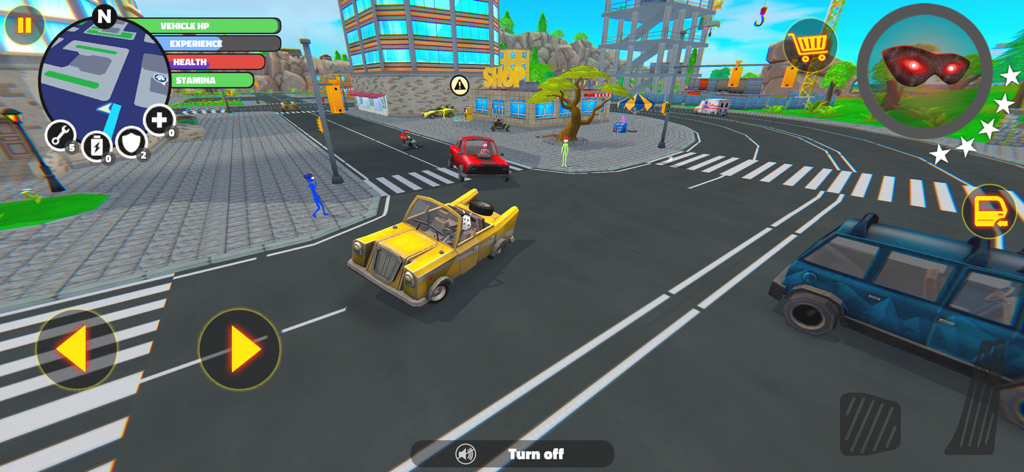 Stick Hero Simulator - Gameplay of Stick Hero Simulator showing a yellow car in a 3D city with game interface.