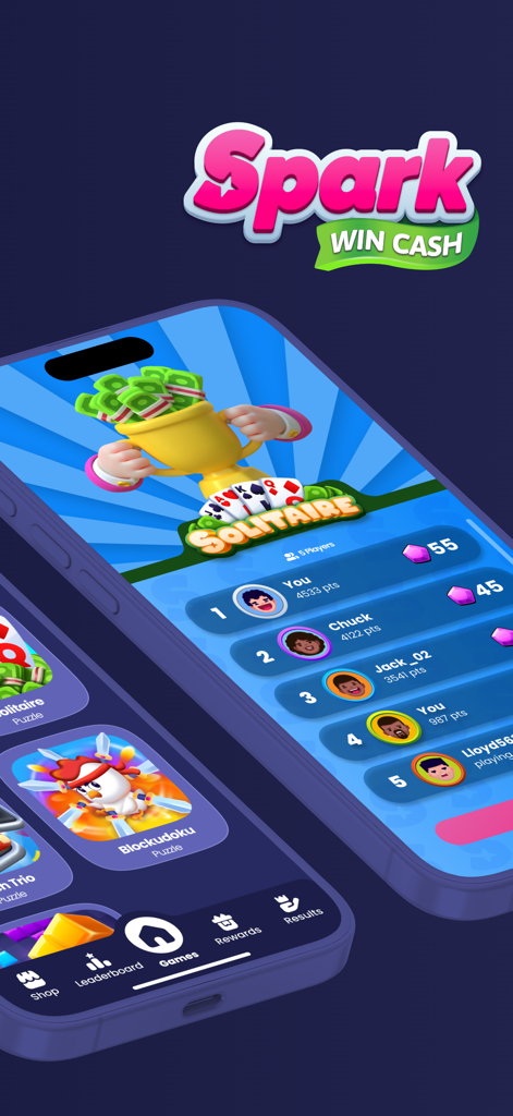 Solitaire leaderboard and cash rewards in the Spark Win Cash mobile app