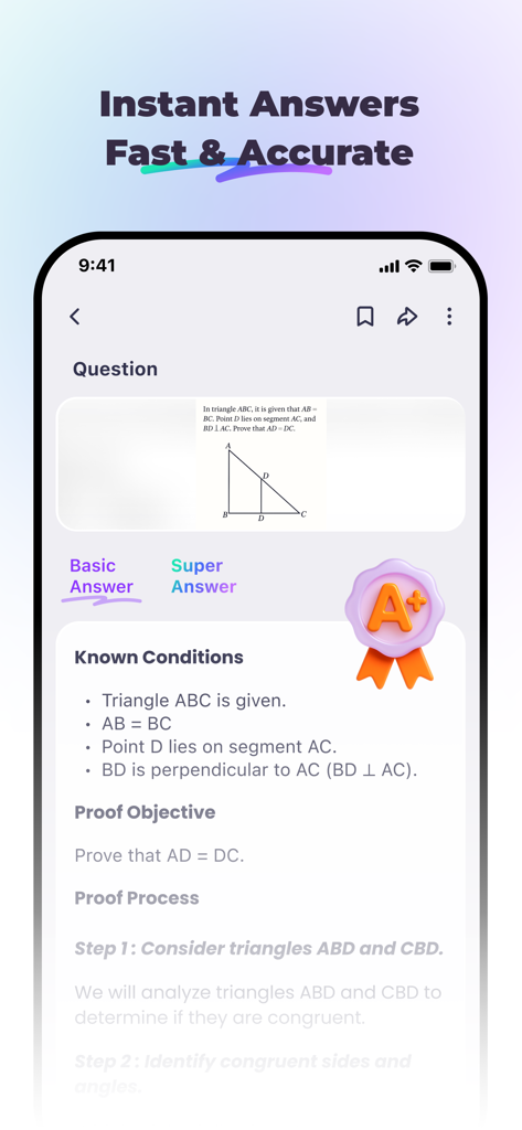 StudyX app interface showing a step-by-step geometry proof with instant AI solutions