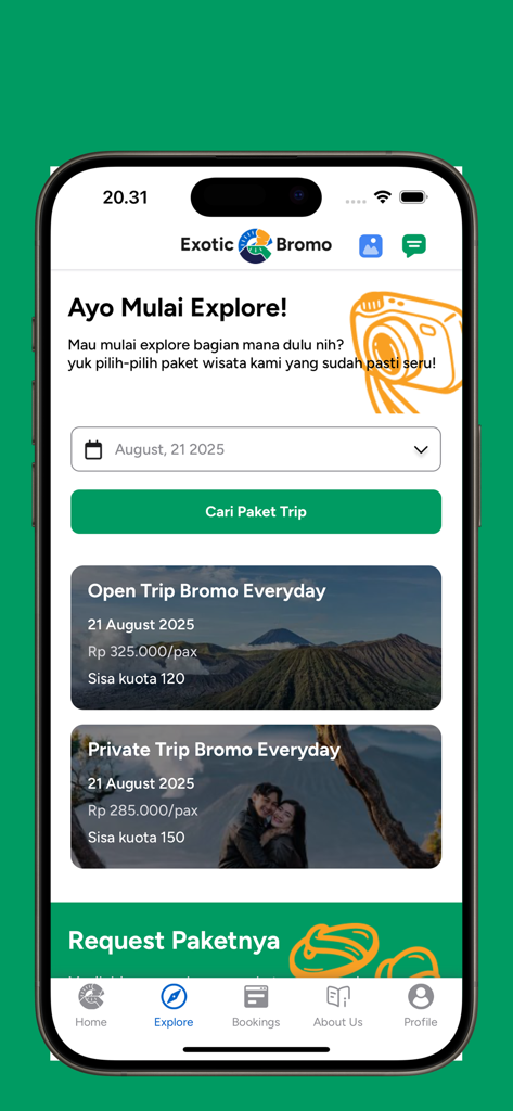 Exotic Bromo - Exotic Bromo mobile app explore page showing travel packages for Mount Bromo with prices and dates