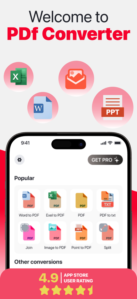 PDF Converter:  Files Editor - Pantalla de inicio de la aplicación Convertidor de PDF mostrando herramientas de conversión populares como Word a PDF e Imagen a PDF con una calificación de 4.9 estrellas