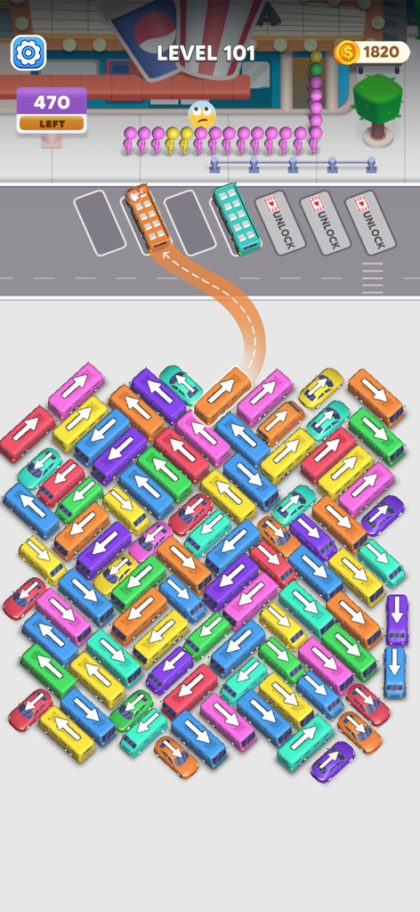 Bus Crazy: Jam Escape - Gameplay of Bus Crazy Jam Escape showing a parking puzzle with colorful buses and a queue of passengers.