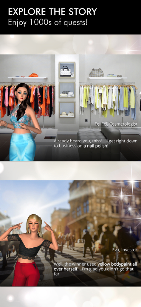 Gameplay scenes from Fashion Empire showing story dialogue with characters in a boutique and city.