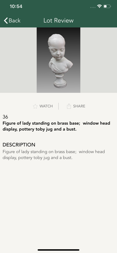 Herman's auction app lot review screen featuring a decorative white bust