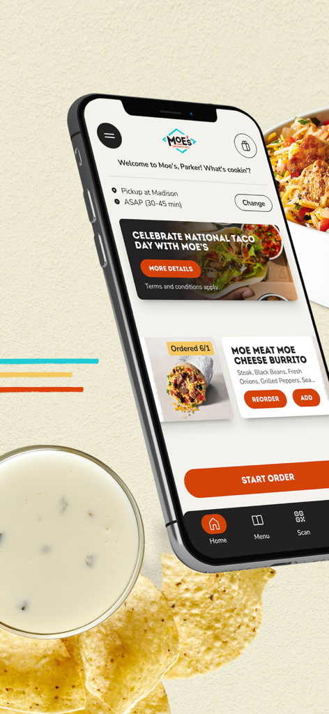 Moes Southwest Grill mobile app home screen showing burrito ordering options and chips with queso