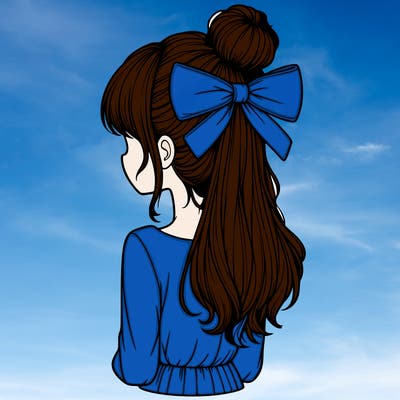 realistic girl  with hip length hair a bun and a big bow on the back of head