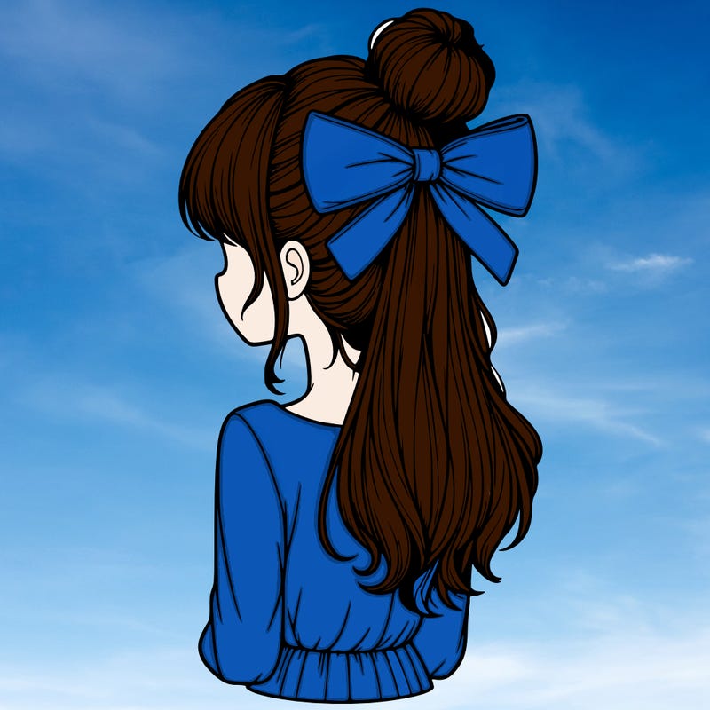 realistic girl  with hip length hair a bun and a big bow on the back of head