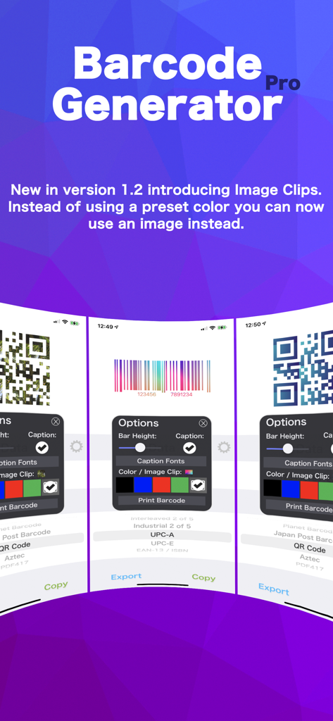 画像クリップ機能とカラフルなバーコードを紹介するBarcode Generator Proアプリの画面。