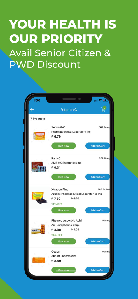 Tela do aplicativo GetMeds mostrando uma lista de medicamentos de Vitamina C com preços e descontos para idosos