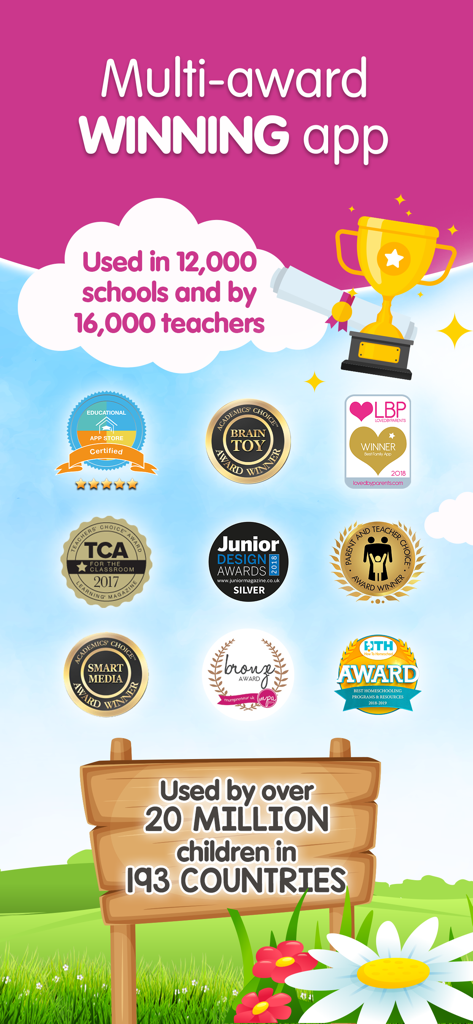 Reading Eggs app awards display showing badges and global usage statistics for children education
