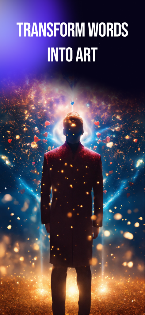 Imagine AI - Image generator - Imagen generada por IA de una persona con un abrigo rojo dentro de un espacio cósmico con el texto Transforma Palabras en Arte.