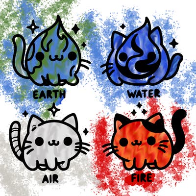 4 cats that represent the different elements, earth, water, air, and fire
