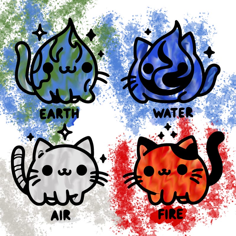 4 cats that represent the different elements, earth, water, air, and fire
