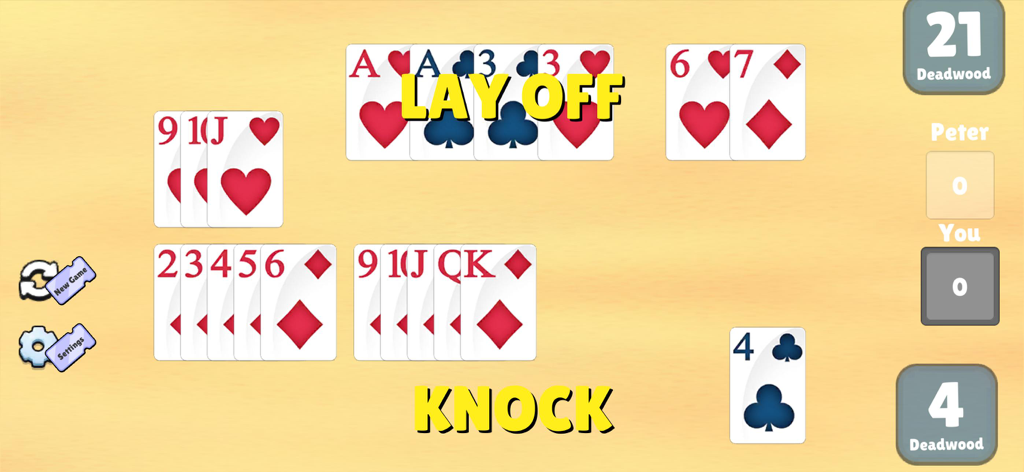 Interfaz del juego móvil Gin Rummy Classic mostrando una ronda en curso con puntuaciones de 'deadwood' (descartes)