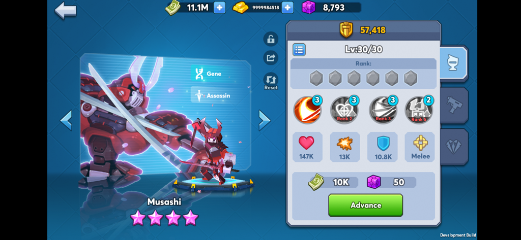 Pantalla de perfil de personaje para Musashi en City Arena que muestra estadísticas de nivel 30, facción Gene y clase asesino