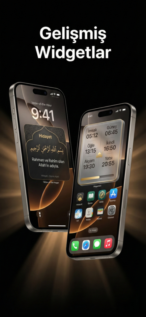 Hidayet: İslami Asistanınız - Two iPhones showing Hidayet app advanced widgets for prayer times and Quran verses