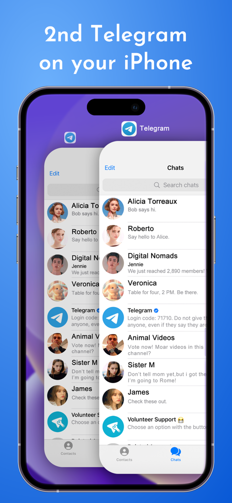 Dual Chat - for Telegram Web - Interface of Dual Chat app showing two Telegram accounts on one iPhone