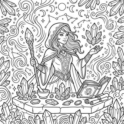 This enchanting coloring page invites you into the mystical world of a Crystal Witch, surrounded by potent gemstones and ancient spells. Perfect for those who love magic and intricate designs, it offers a captivating escape to unleash your creativity.