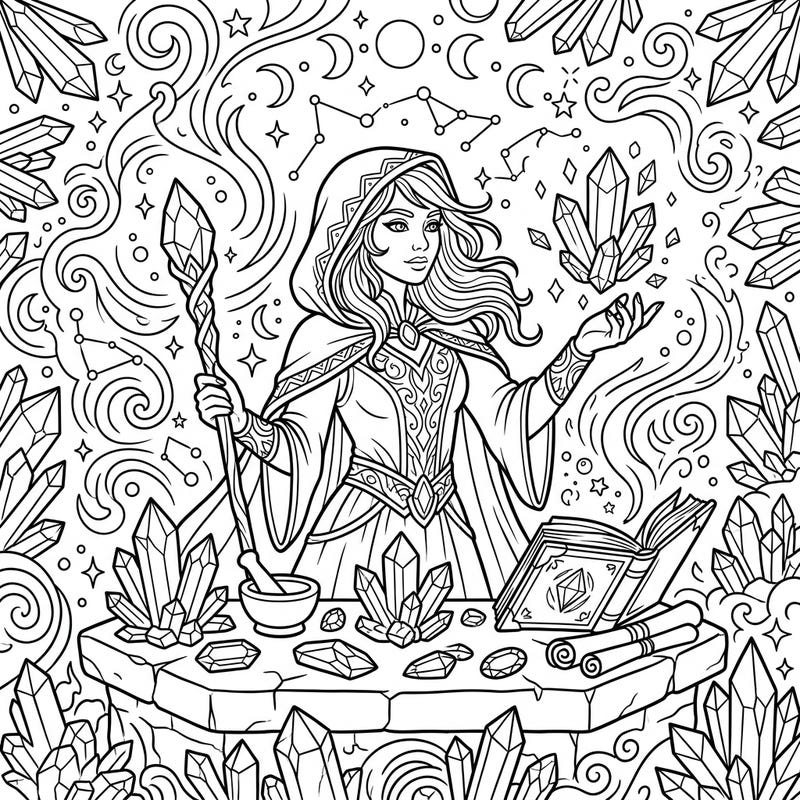 This enchanting coloring page invites you into the mystical world of a Crystal Witch, surrounded by potent gemstones and ancient spells. Perfect for those who love magic and intricate designs, it offers a captivating escape to unleash your creativity.