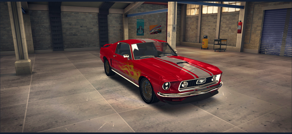Drag Racing 3D: Streets 2 - Custom red classic muscle car with yellow flame decals and silver racing stripes in a garage