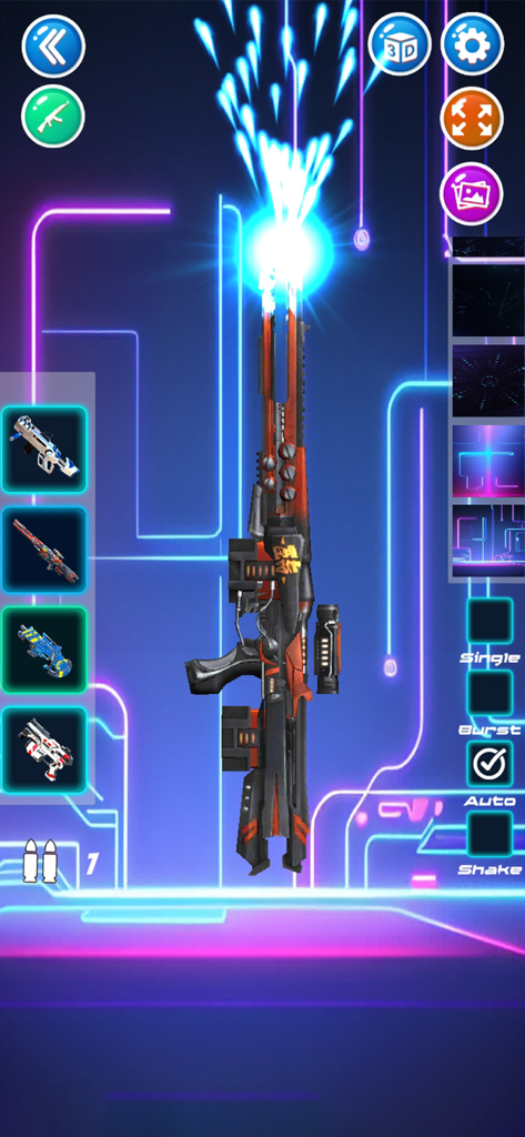 Gun Trick Simulator - Sci-fi gun firing blue energy sparks in a neon-themed simulation interface