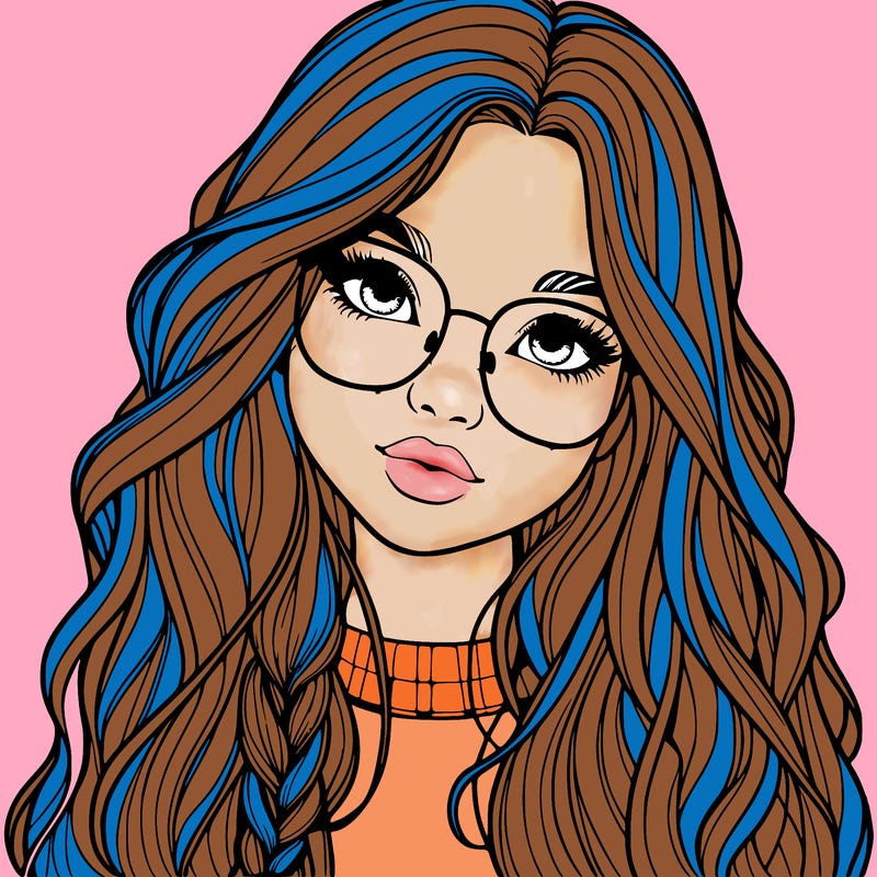 girl with long hair and freckles and glasses realistic