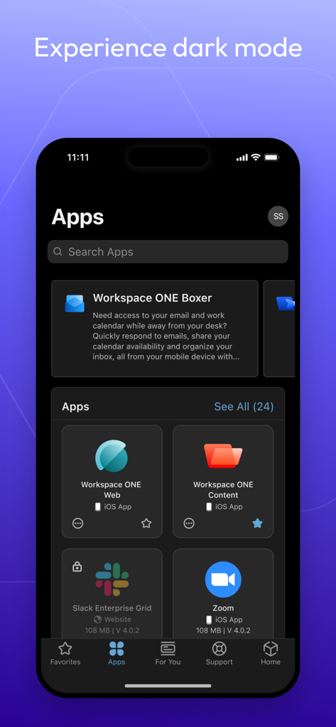 Intelligent Hub - Intelligent Hub enterprise app catalog interface shown in dark mode on an iPhone