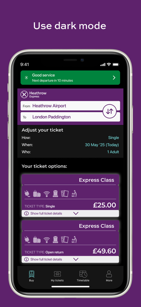Heathrow Express app ticket booking screen in dark mode showing train times and fares