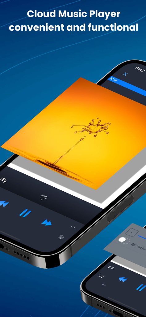 Interfaz del reproductor de música CloudBeats en un iPhone mostrando controles de reproducción y arte de álbum vibrante