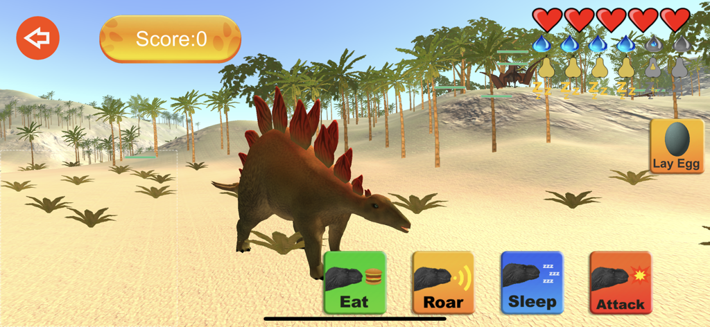 先史時代の砂漠環境の3Dステゴサウルス。食事、咆哮、攻撃などのアクションボタンのゲームインターフェースが表示されています。