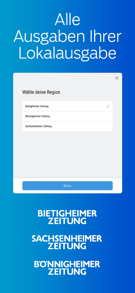 BZ ePaper - Bildschirm zur Regionsauswahl in der BZ ePaper-App für lokale deutsche Zeitungsausgaben