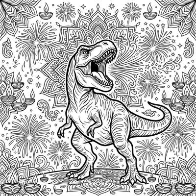 Prepare for an epic coloring adventure where prehistoric might meets vibrant tradition! This unique design features a mighty T-Rex celebrating Diwali, surrounded by dazzling lights and patterns.