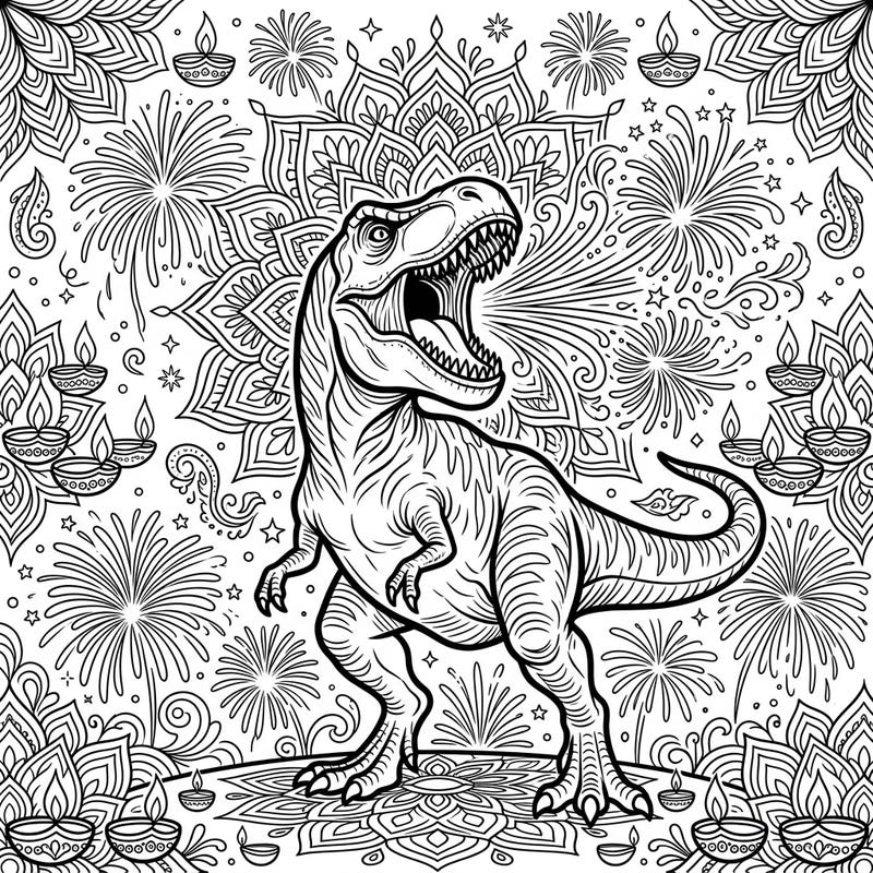 Prepare for an epic coloring adventure where prehistoric might meets vibrant tradition! This unique design features a mighty T-Rex celebrating Diwali, surrounded by dazzling lights and patterns.