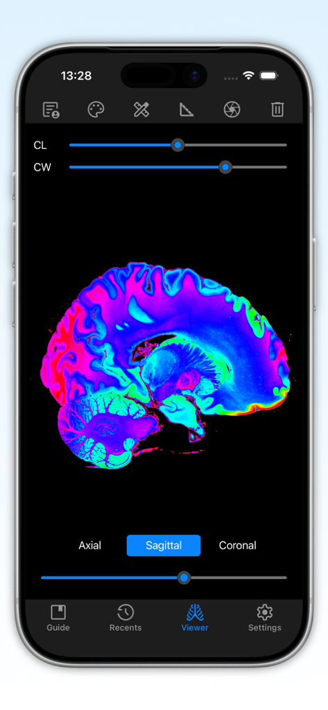 DICOM Studio Go - DICOM Studio Go app displaying a sagittal brain scan with scientific color mapping and image adjustment tools.
