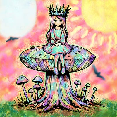 realistic girl sitting on a huge tree stump size toadstool with thorn crown