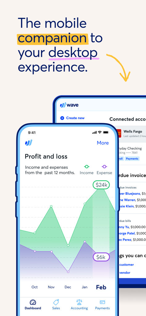 Wave: Small Business Software - Wave App Mobile Dashboard mit Gewinn- und Verlustbericht.