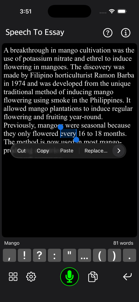 Speech To Essay app interface showing text editing and punctuation hotkeys