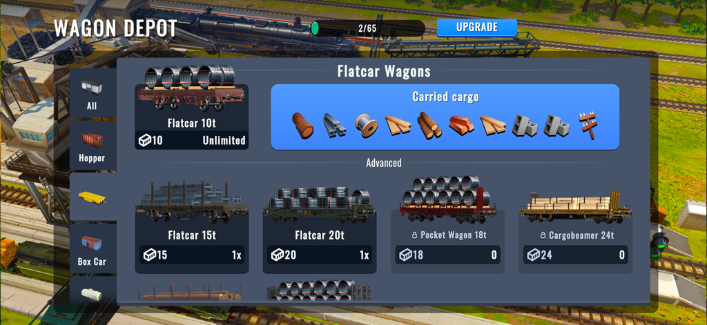 Train Station 3 - La schermata del Deposito Carri in Stazione Ferroviaria 3 che mostra vari carri pianale e i loro corrispondenti tipi di carico come tronchi e acciaio.
