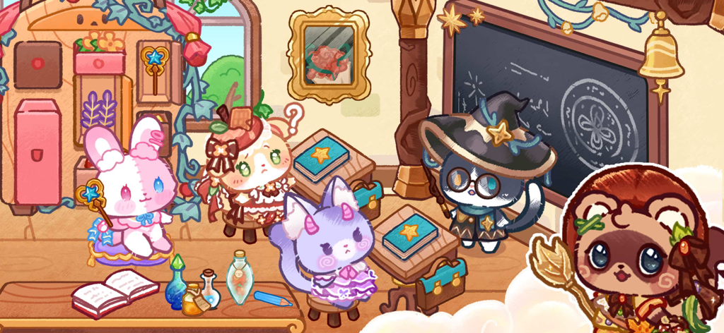 Lovely Cat World: Avatar Life - Cute cat characters and a bunny avatar in a magical classroom with a blackboard and wizard themes