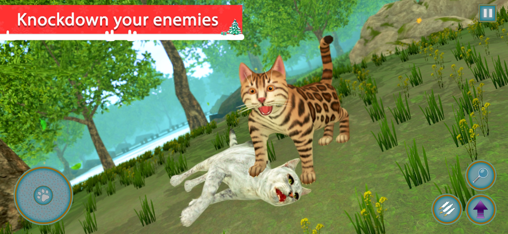 My Cat: Virtual Cat Simulator - Un gato de Bengala de pie sobre un oponente derrotado en un simulador de supervivencia en el bosque.