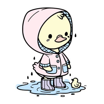 baby duck in a rain coat and boots, in a puddle while it’s raining