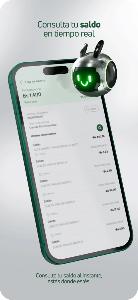 BMSC Movil app screen showing savings account balance and recent transactions