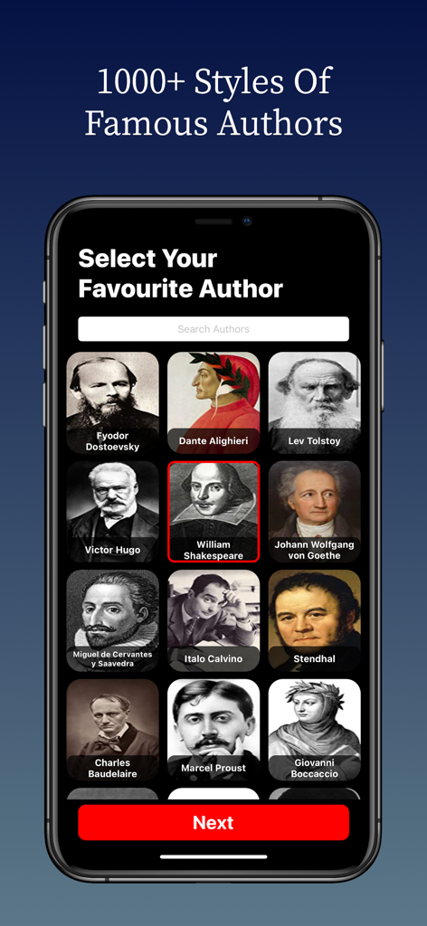 AI Author : Write like Writers - Uma tela exibindo uma grade de autores famosos como Shakespeare e Tolstói para escolher um estilo de escrita de IA.