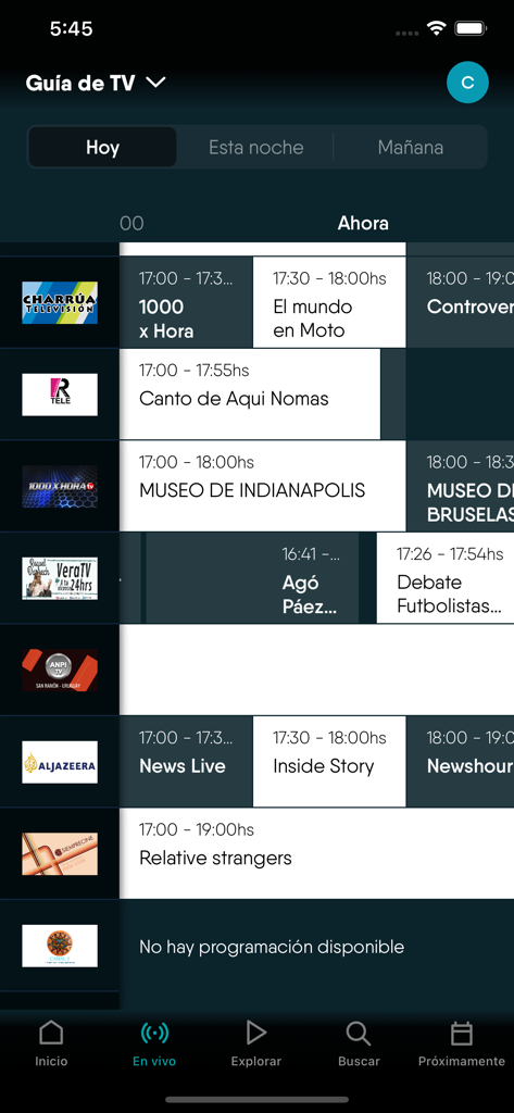 Antel TV - Television program guide in the Antel TV app displaying live schedules for national and international channels