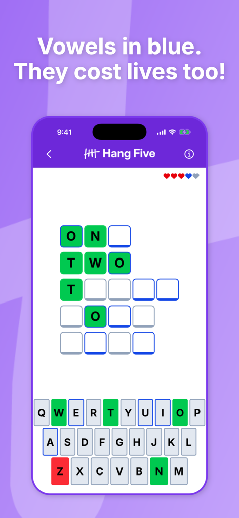 Hang Five - Screenshot of Hang Five mobile word game explaining the vowel life cost rule