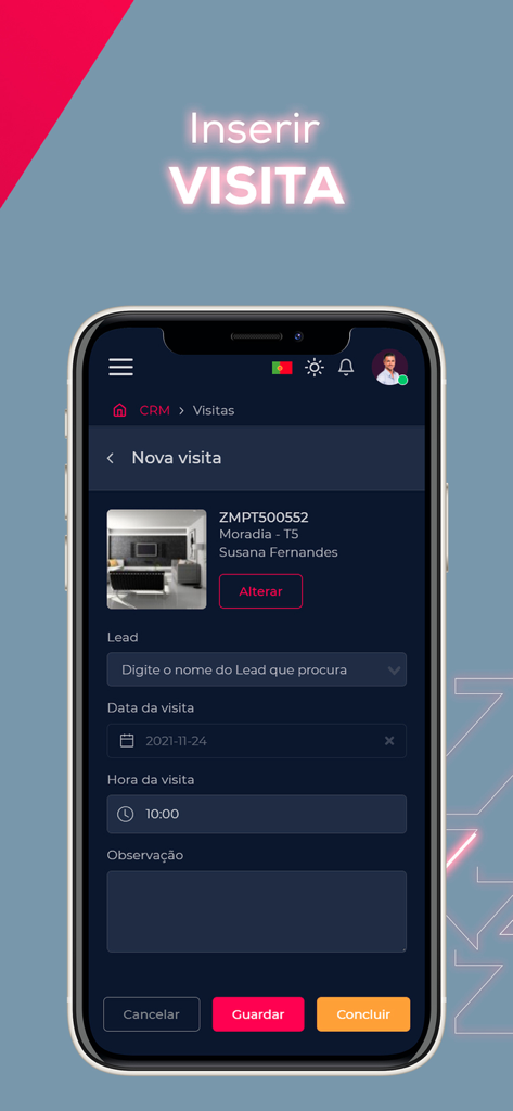 Smartphone screen showing the Zap app interface for scheduling a new real estate property visit.