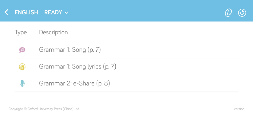 Oxford iSolution - Oxford iSolution app interface showing a list of English grammar resources including songs and interactive activities.