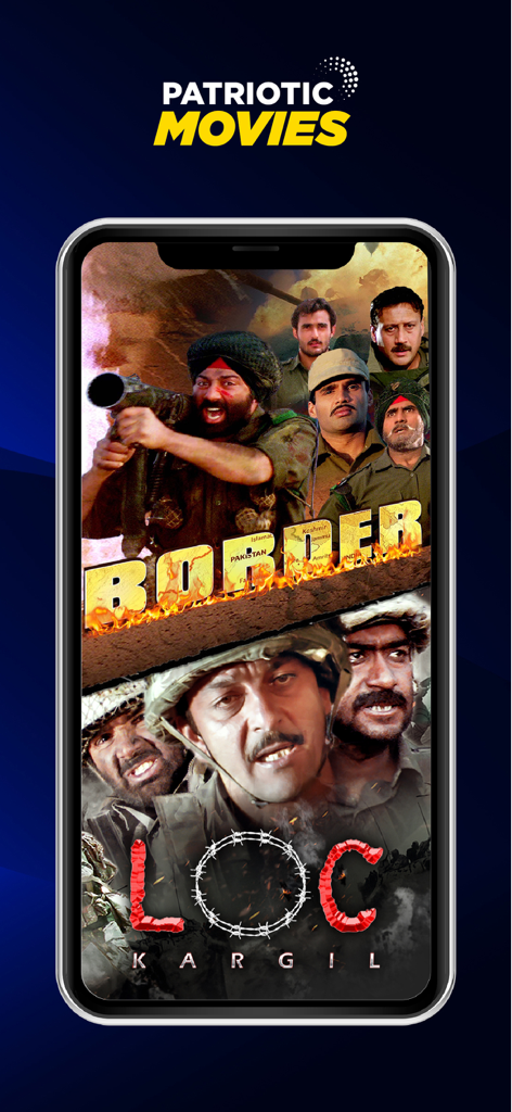 Ultra Play Hindi Movies - A smartphone screen from the Ultra Play app showcasing a collection of patriotic Hindi movies including Border and LOC Kargil.