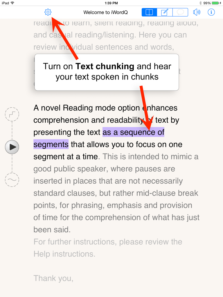 Captura de pantalla de la aplicación iWordQ CA para iPad que demuestra la función de segmentación de texto con segmentos resaltados para mejorar la comprensión lectora.