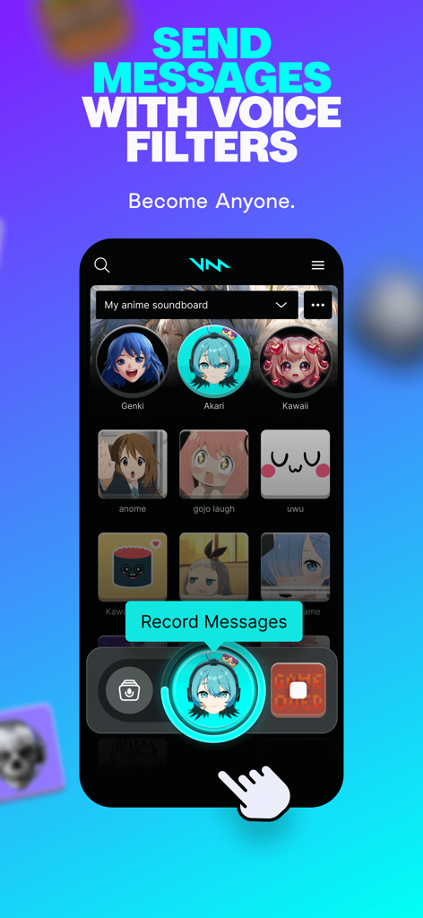 Voicemod mobile app interface showing an anime themed soundboard with various character voice filters and a record message button.